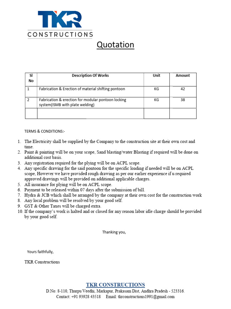 Fabrication Quotation for Pontoon Work | PDF