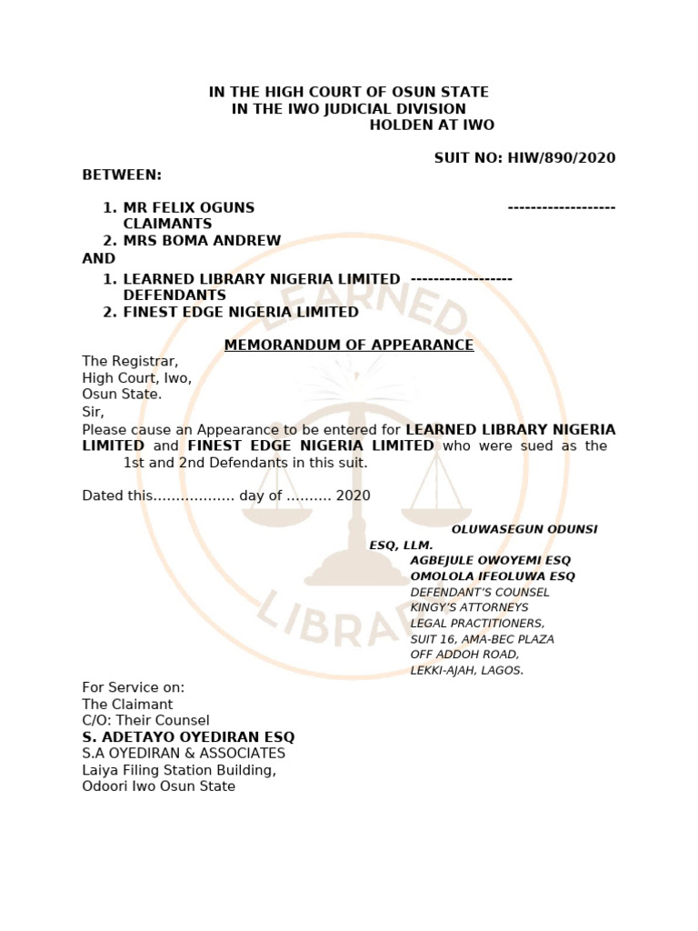 Memorandum of Appearance in Iwo Court | PDF