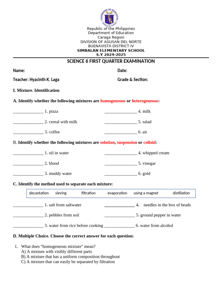 Science 6 First Quarter Exam 2024-2025 | PDF | Mixture | Chemistry