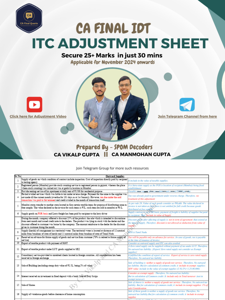 ITC Adjustment Sheet for CA Final IDT | PDF | Value Added Tax | Taxes