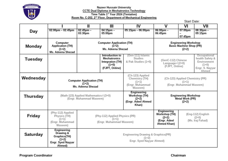 Mechatronics Diploma Timetable 2024 Pdf Engineering Physical Sciences