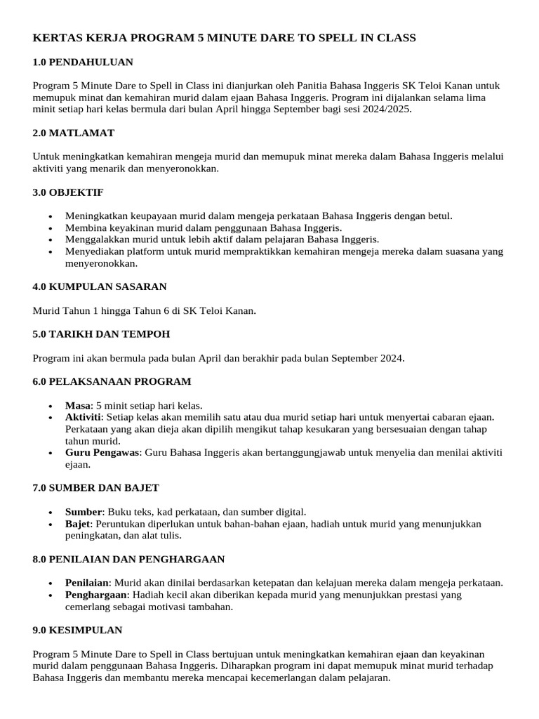 Kertas Kerja Program 5 Minute Dare To Spell in Class | PDF