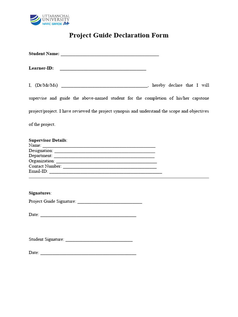 Supervisor Declaration for Student Project | PDF