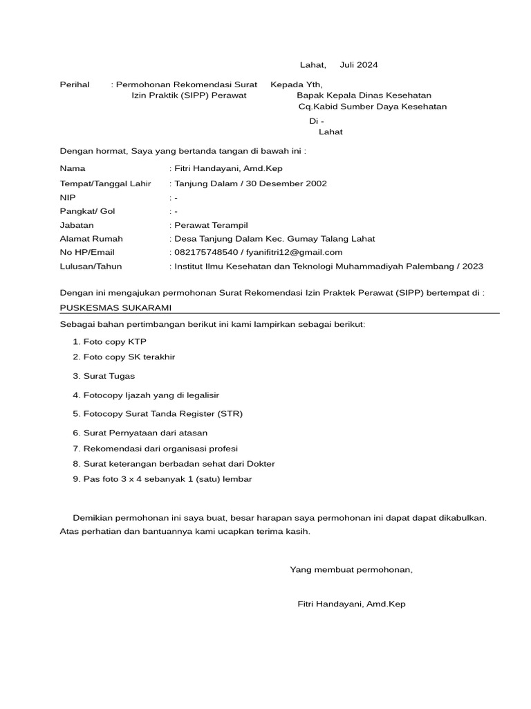 Permohonan Rekomendasi SIPP Perawat | PDF