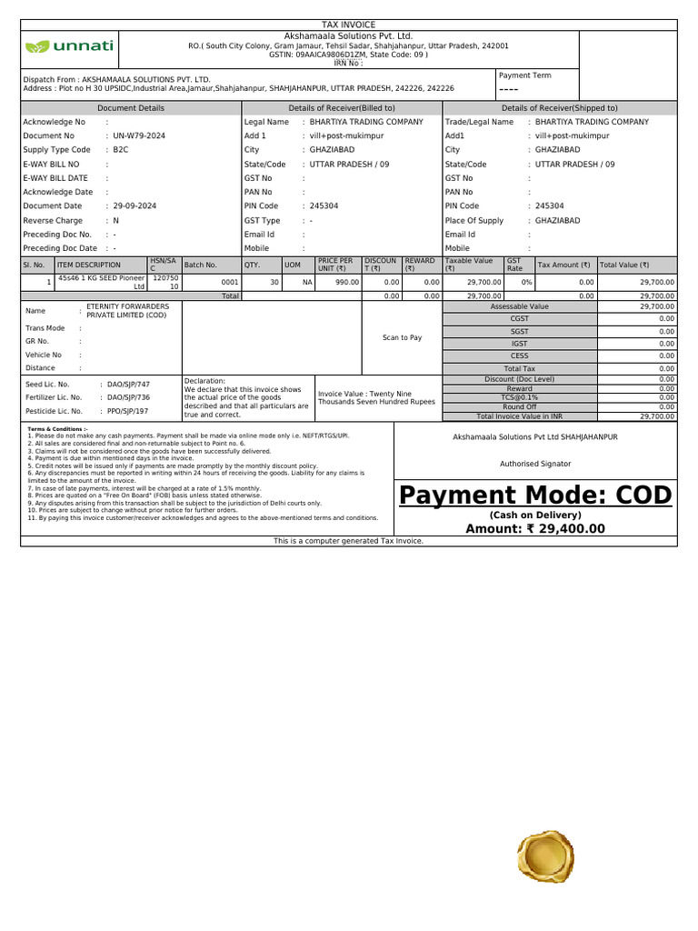 Payment Mode: COD: Tax Invoice Akshamaala Solutions Pvt. LTD | PDF ...