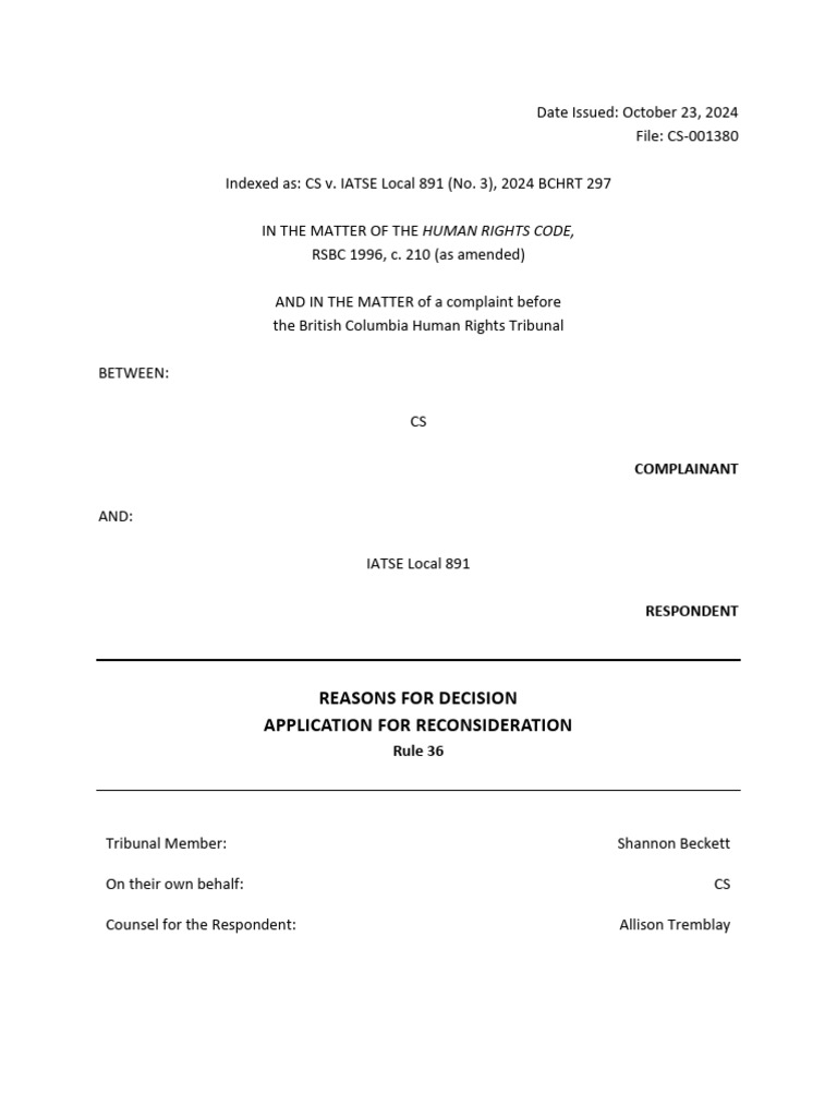 BCHRT Reconsideration Decision: CS v. IATSE | PDF | Witness | Tribunal