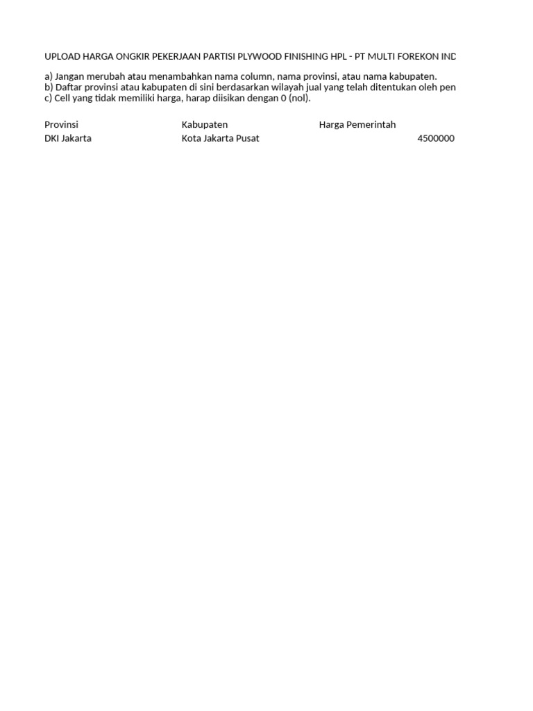 Template harga produk pekerjaan partisi plywood finishing hpl pt