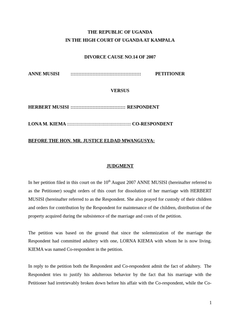 Anne Musisi V Herbert Musisi Anor Divorce Cause No14 of 2007 2008 Ughc ...