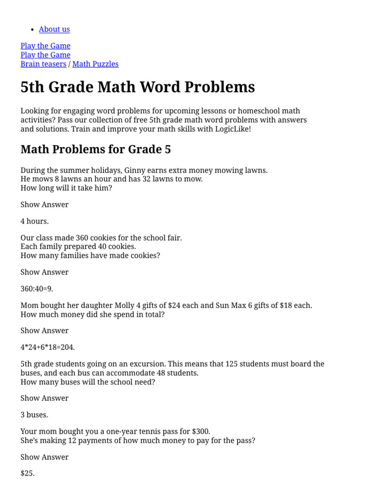 5th Grade Math Word Problems | PDF | Foods | Cuisine