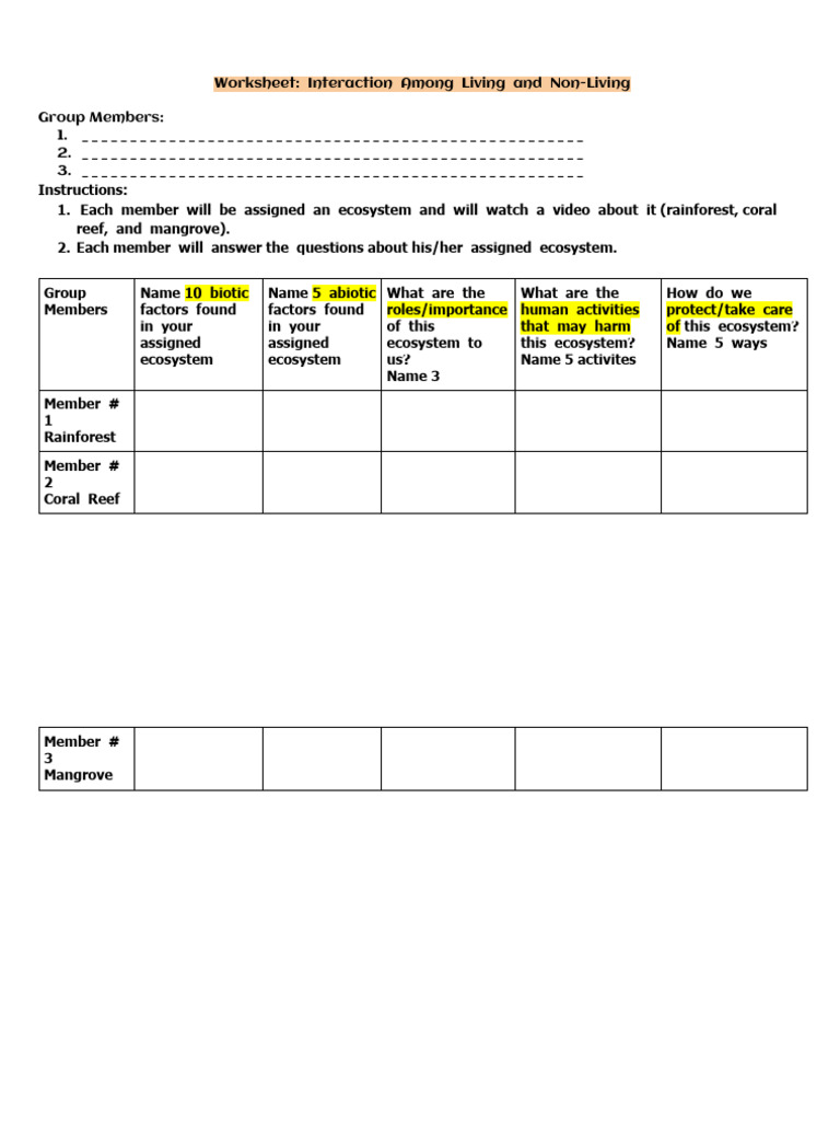 Ecosystem Worksheet | PDF