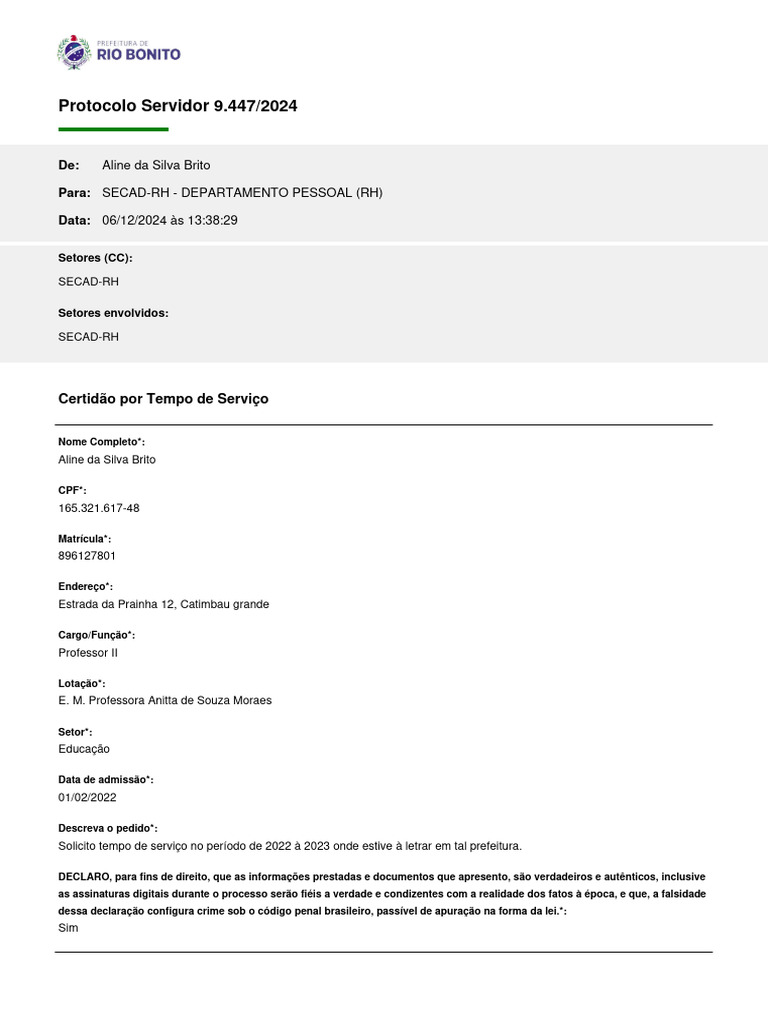 Certidão de Tempo de Serviço - Aline Brito | PDF