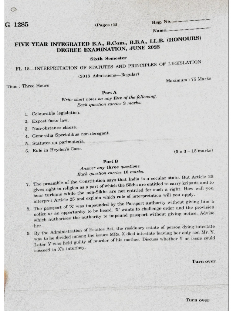 Interpretation of Statute Question Paper | PDF