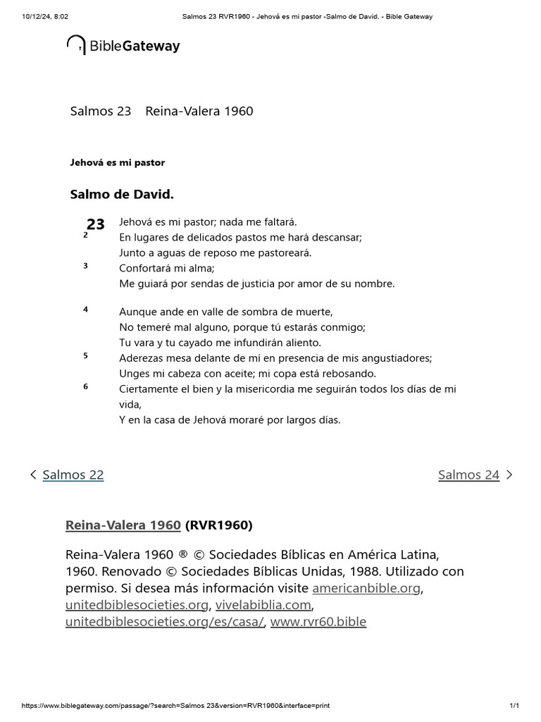 Salmos 23 RVR1960 - Jehová Es Mi Pastor - Salmo de David. - Bible ...
