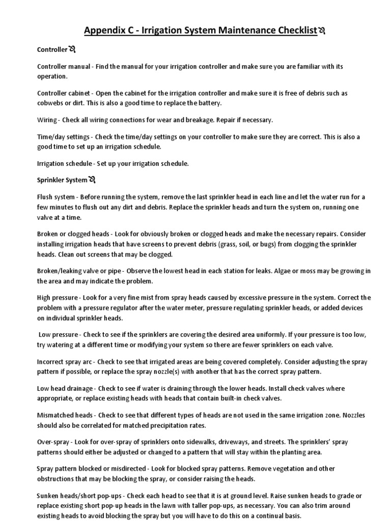 Irrigation System Maintenance Checklist Irrigation Hydrology
