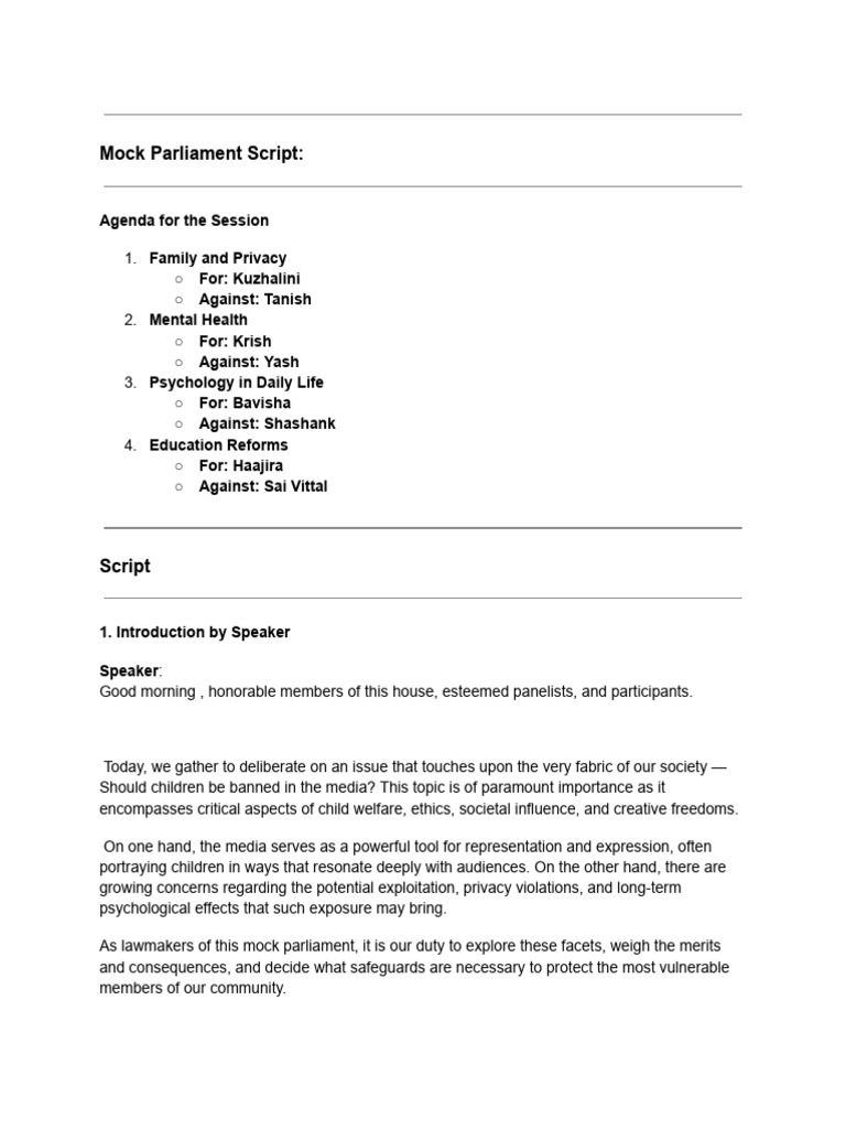 Copy of Mock Parliament Script_ | PDF | Privacy | Education Reform