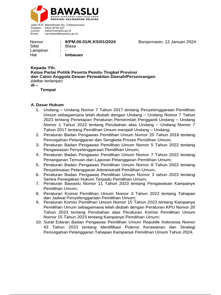 Surat Imbauan - Partai Politik, Calon Anggota DPD Dan Tim Kampanye ...