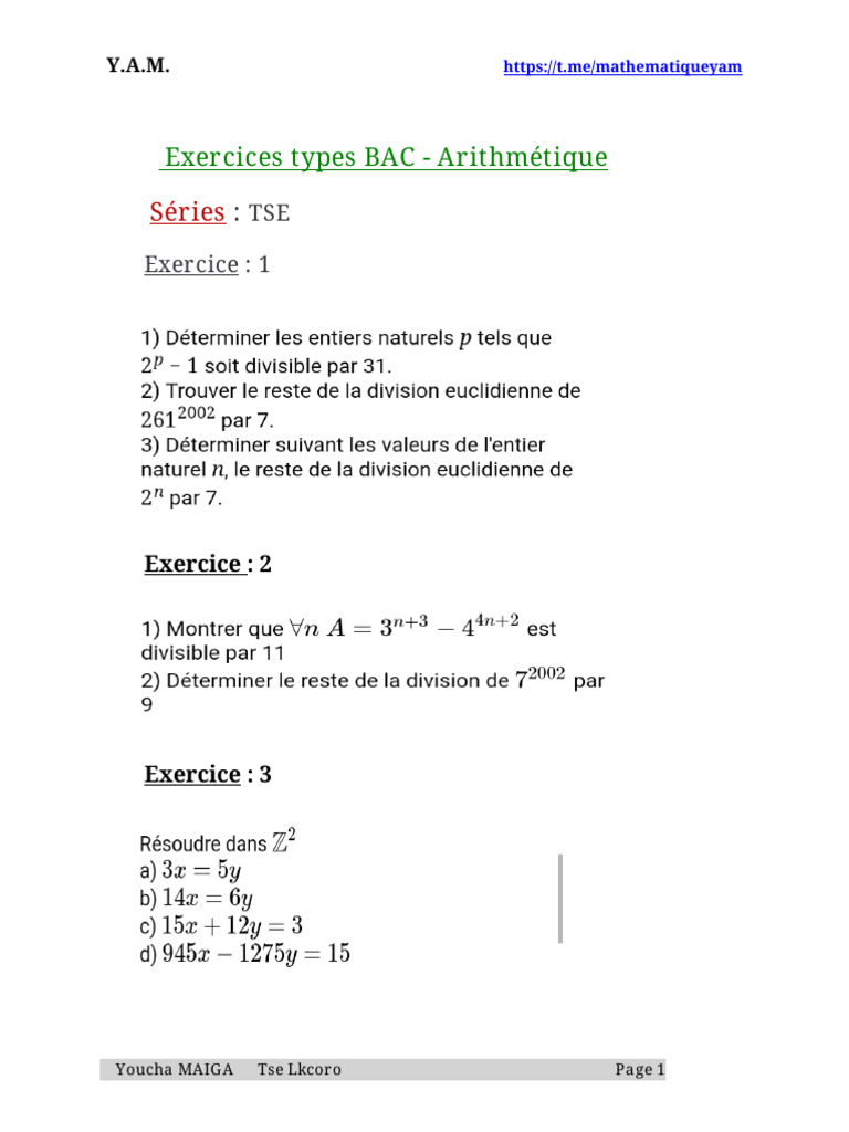 Arithmétique Exo Types BAC | PDF