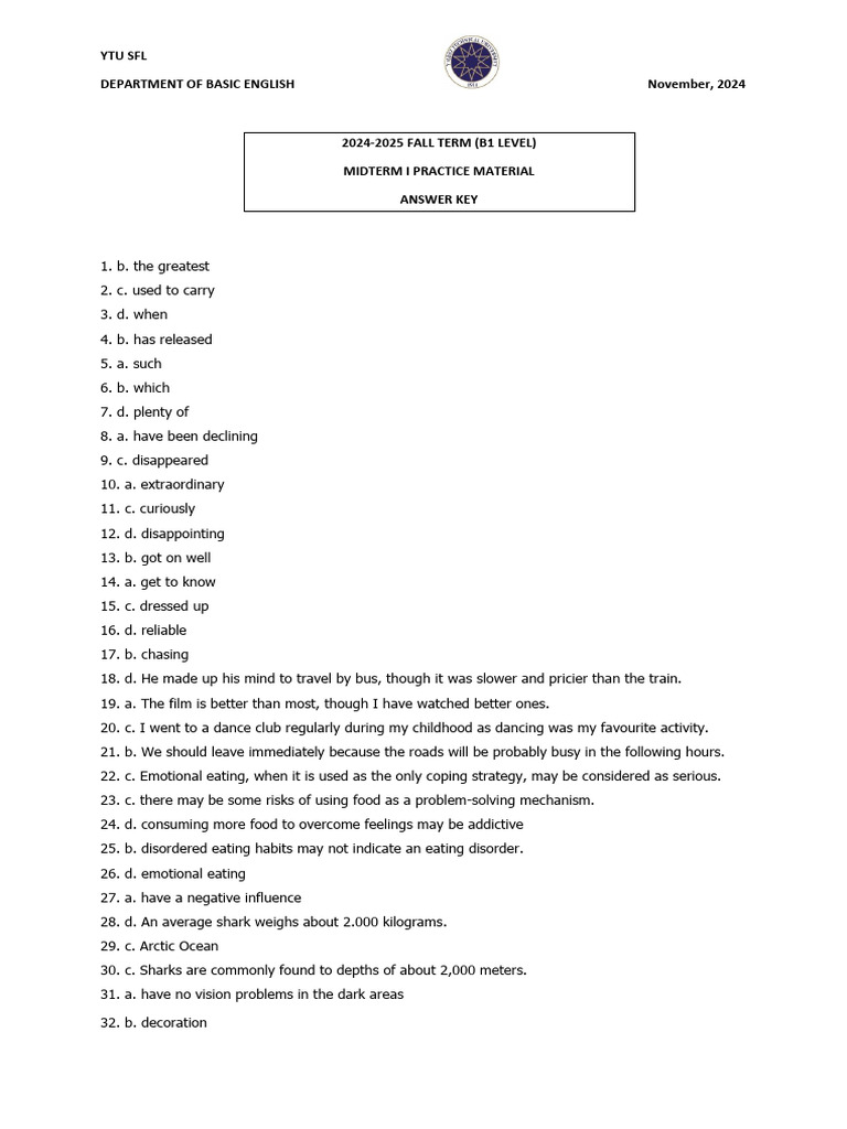 B1 2024-2025 Fall Midterm Practice Material - Answer Key | PDF