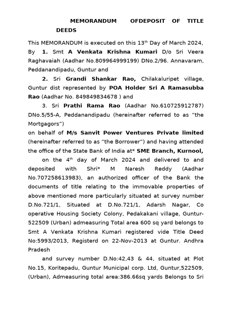 Sanvit Power Ventures Title Deed Deposit | PDF | Banks | Credit