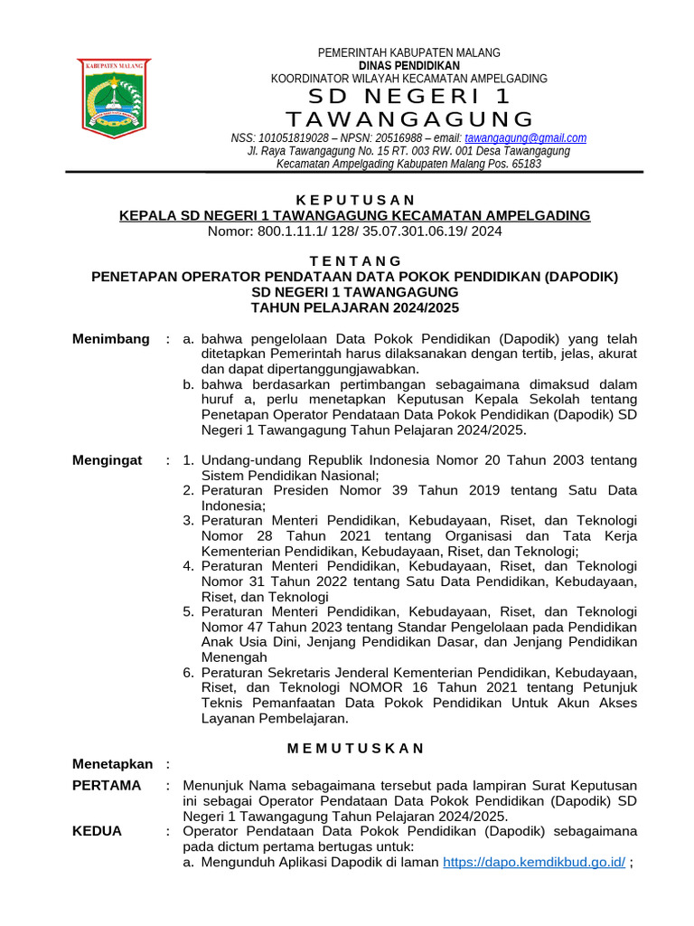 Sk Operator Dapodik 2024 2025 Pdf