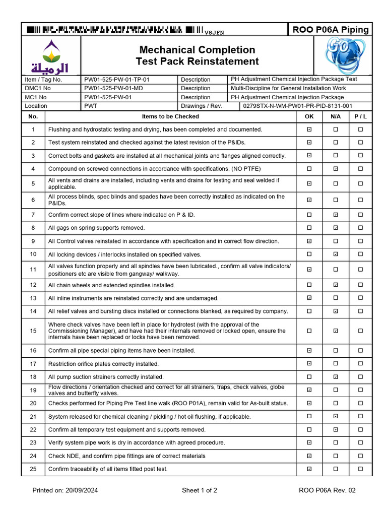 Piping Test Pack Reinstatement Checklist | PDF | Valve | Hydraulics