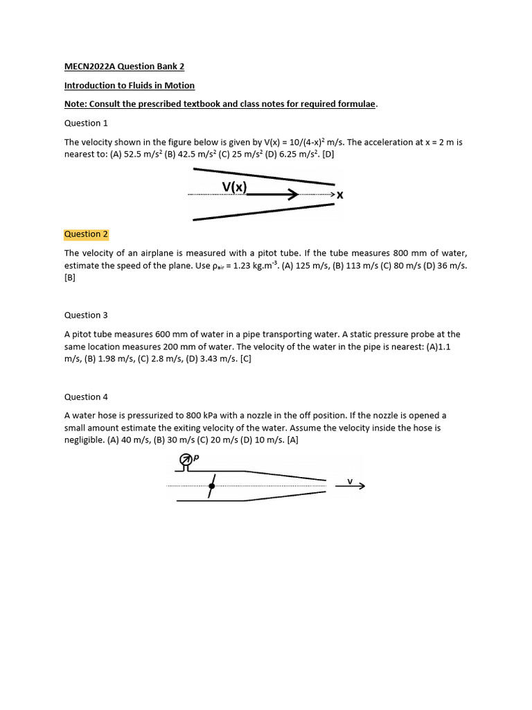 Fluid Dynamics Question Bank 2022 | PDF | Pressure | Pressure Measurement
