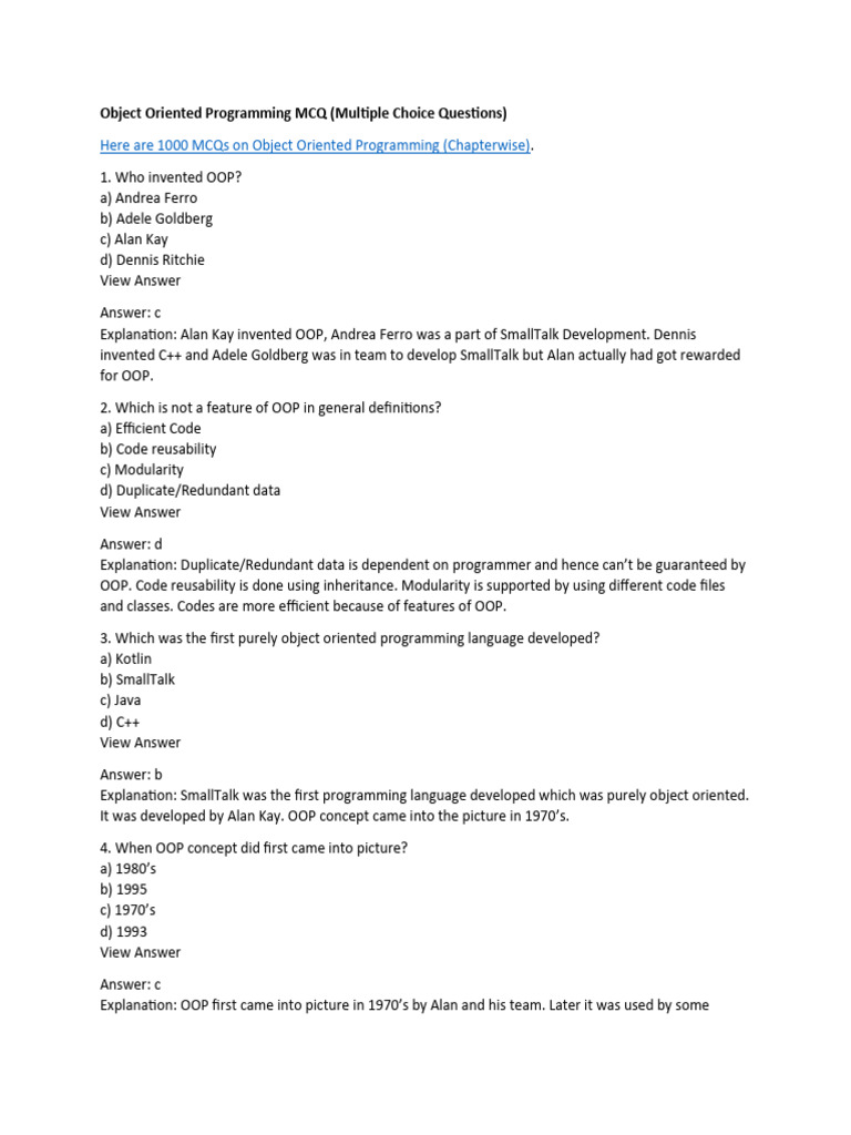 OOP Concepts and MCQs Guide | PDF | Object Oriented Programming | C++