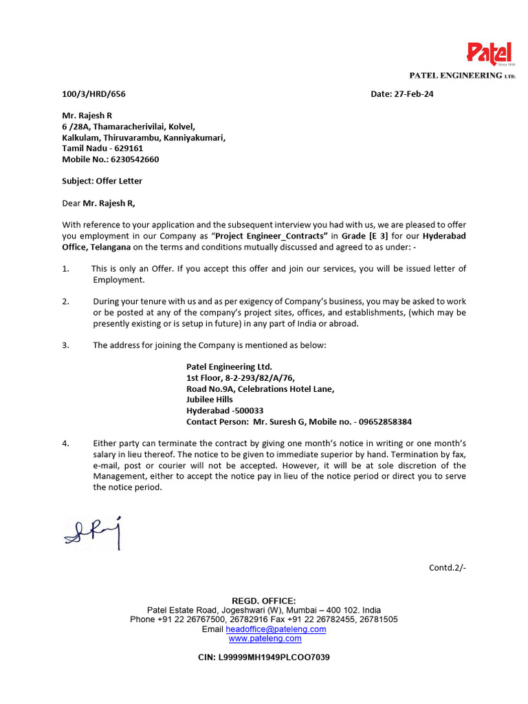 Project Engineer Offer Letter | PDF