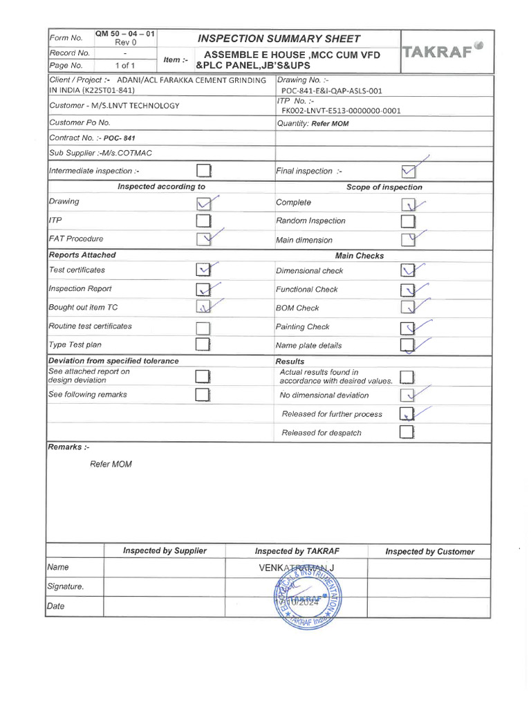 MCC Compliance Report for Takraf India | PDF | Equipment | Electrical ...
