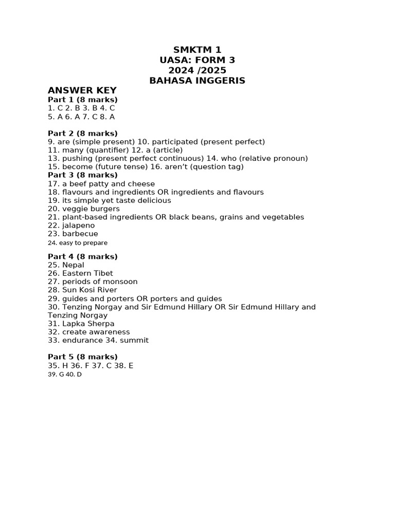 Uasa Answer Key Form 3 | PDF