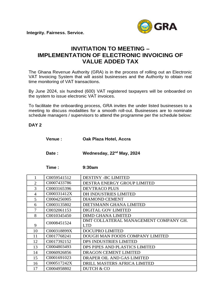 DAY 2 List of VAT Registered Taxpayers To Be Onboarded On The E VAT ...