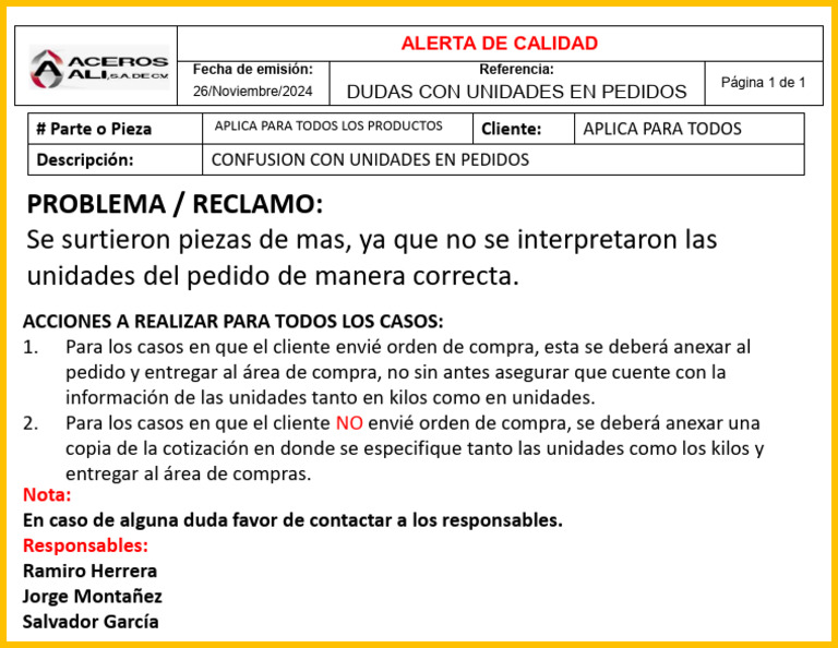 Alerta de Calidad 001 | PDF