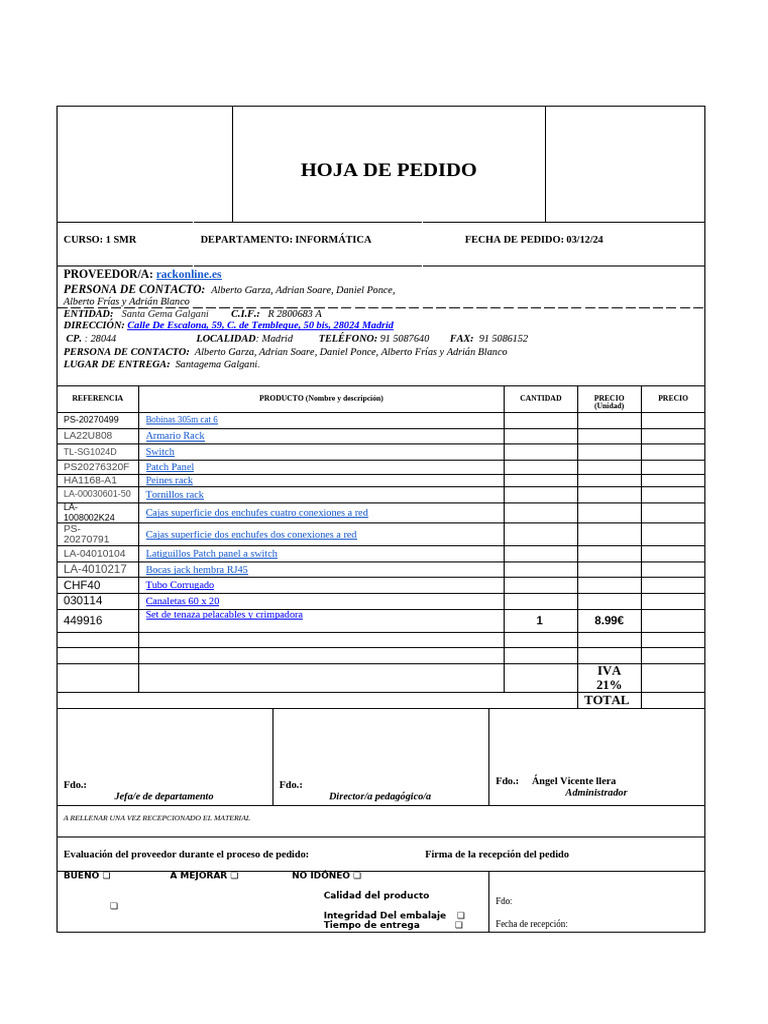 Lista de Pedido Rack Online | PDF