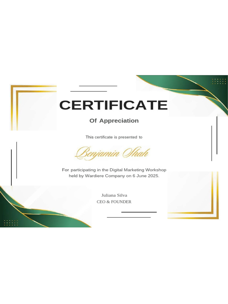 Green and Gold Modern Certificate of Appreciation A4 Landscape | PDF