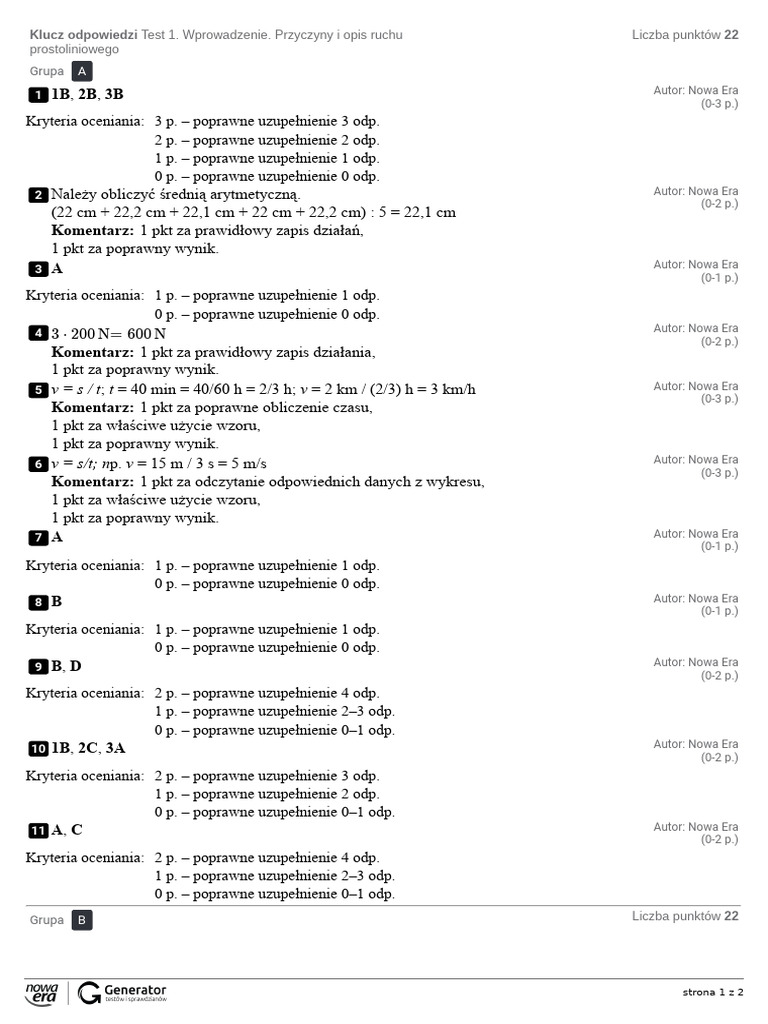 Test 1. Wprowadzenie. Przyczyny i Opis Ruchu Prostoliniowego Klucz ...