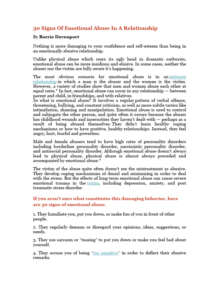 30 Signs of Emotional Abuse in A Relationship | PDF | Psychological ...