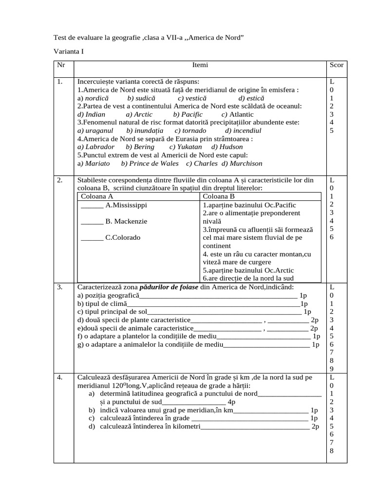 Test de Evaluare, Clasa A 7 | PDF