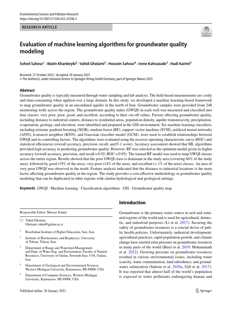 Evaluation of Machine Learning Algorithms For Groundwater Quality ...
