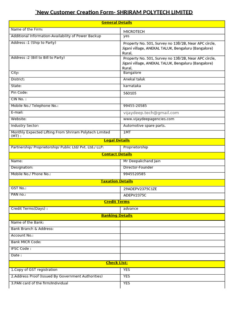 Customer creation form microtech pdf access control payments