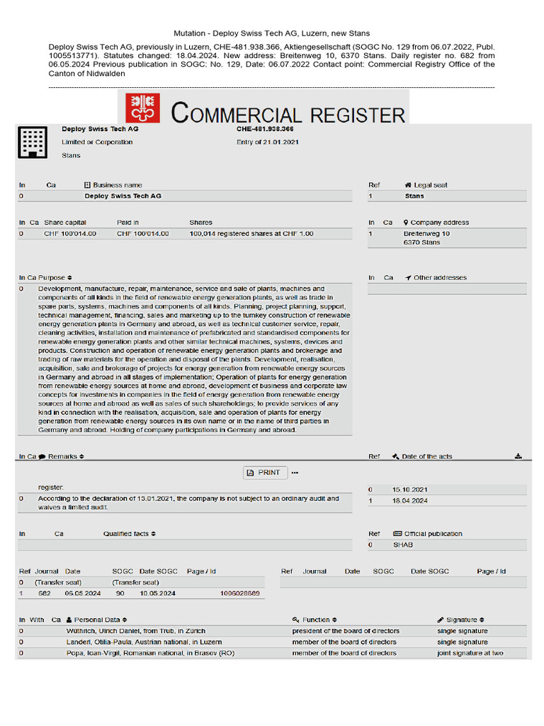 Commercial Register of Deploy Swiss Tech Ag - New Address Is Stans | PDF