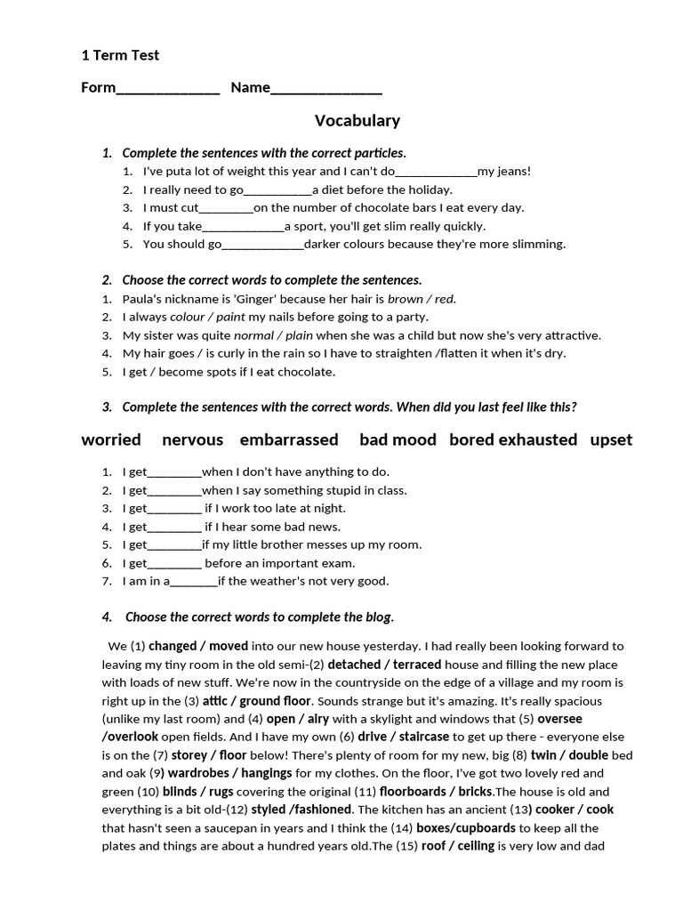 Vocabulary: 1 Term Test Form - Name | PDF
