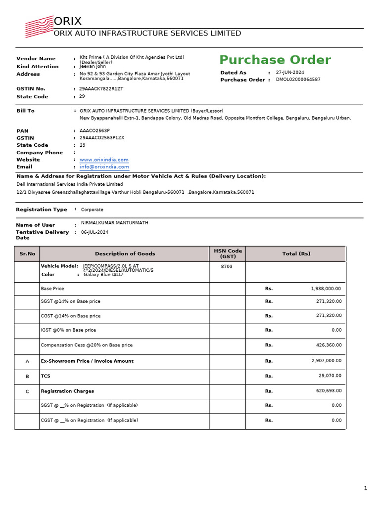Orix Auto Purchase Order Details | PDF | Indemnity | Invoice