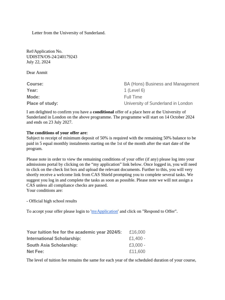 Conditional Offer for Business Course | PDF | Travel Visa | Fee