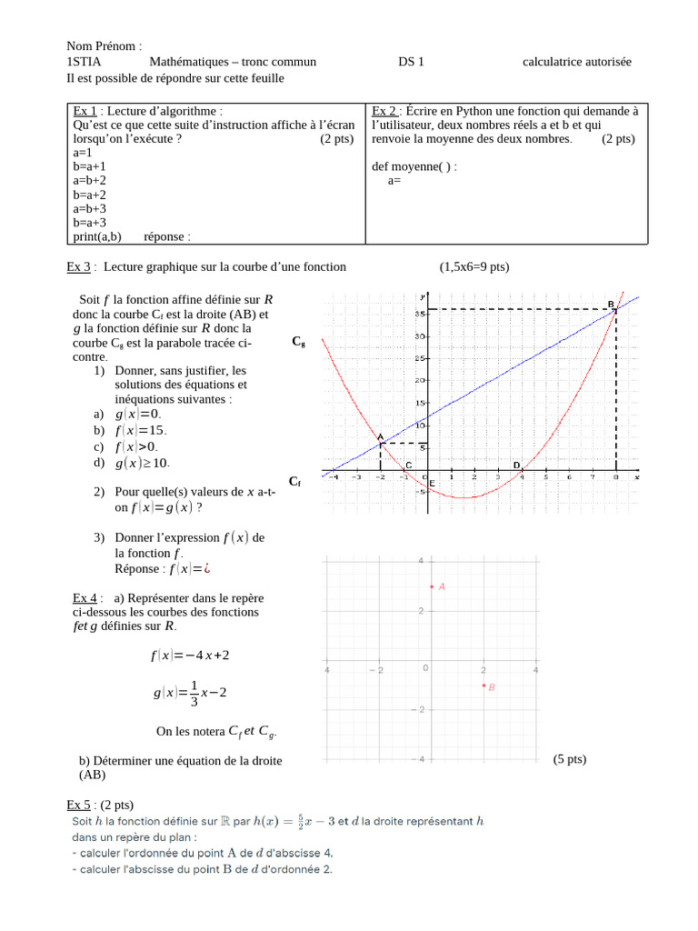 Examen de mathématiques 1STIA - DS 1 | PDF