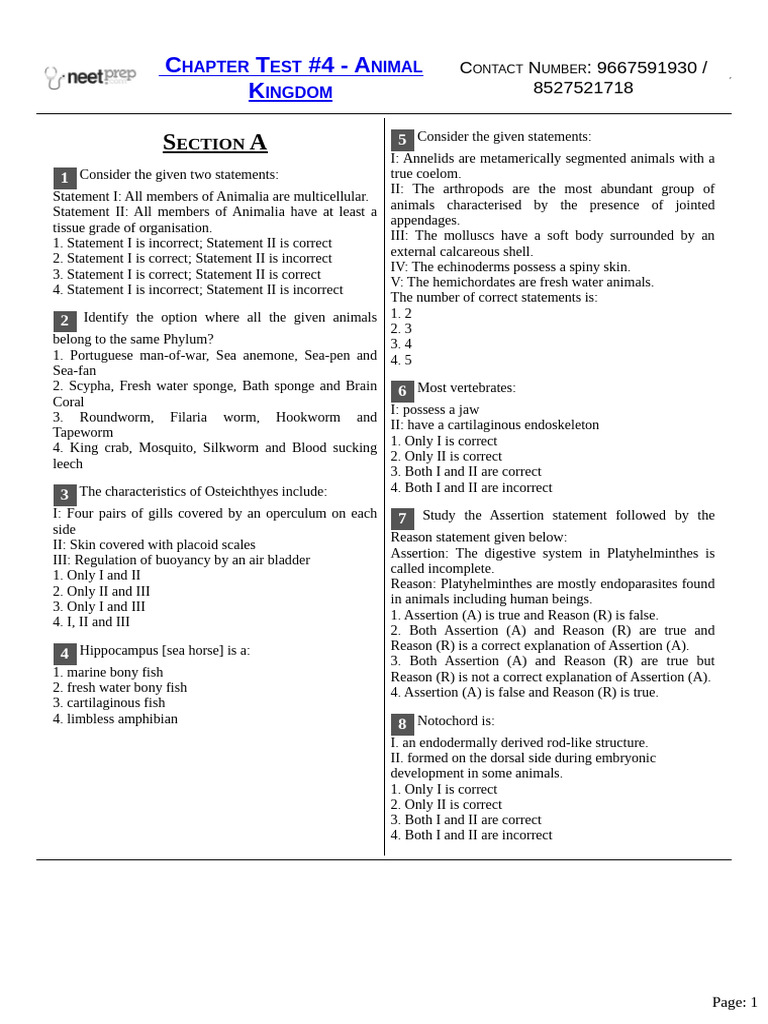 Animal Kingdom Chapter Test Questions | PDF | Mollusca | Sponge