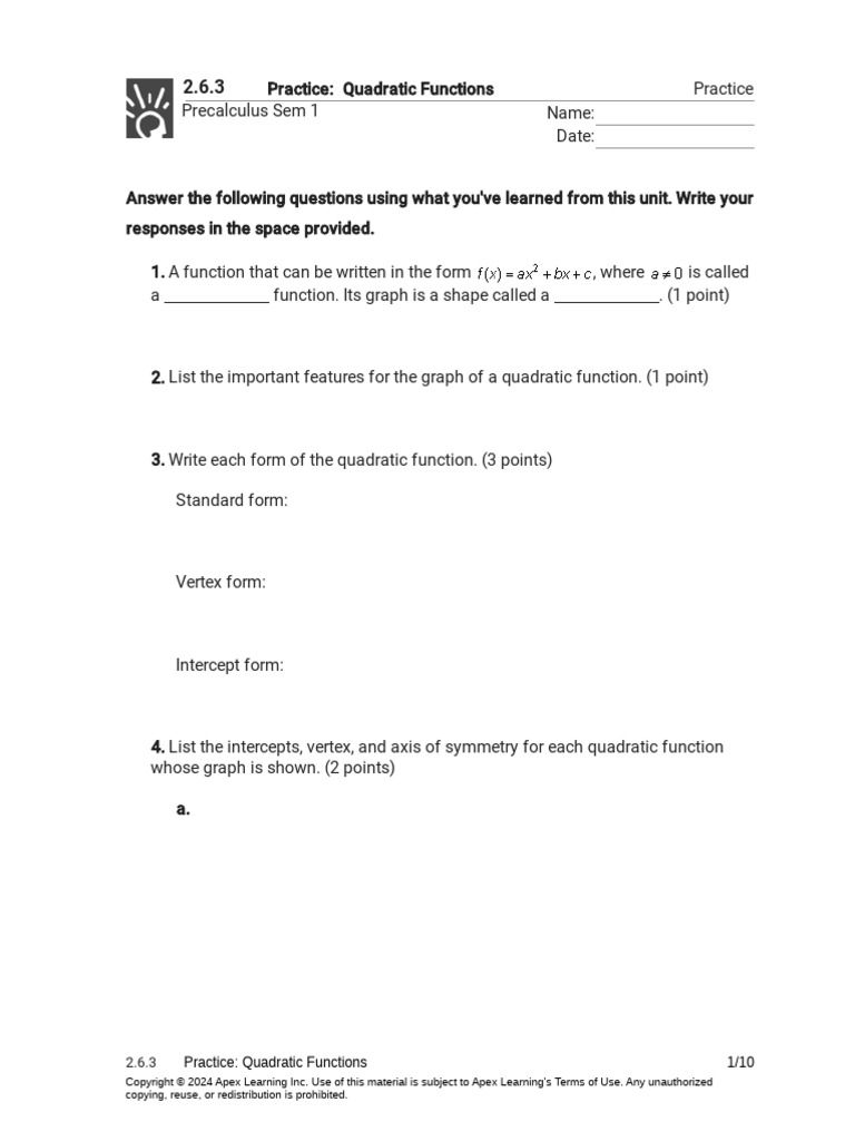2.6.3 Practice - Quadratic Functions (Practice) | PDF | Quadratic ...