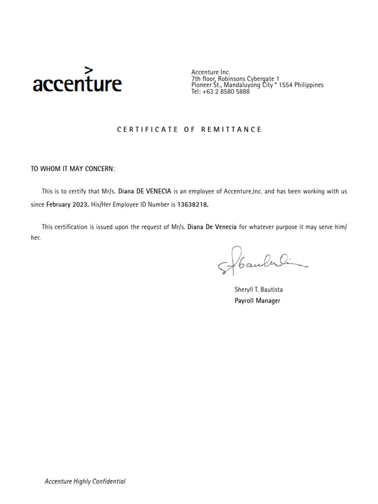 Accenture Employee Remittance Certificate | PDF