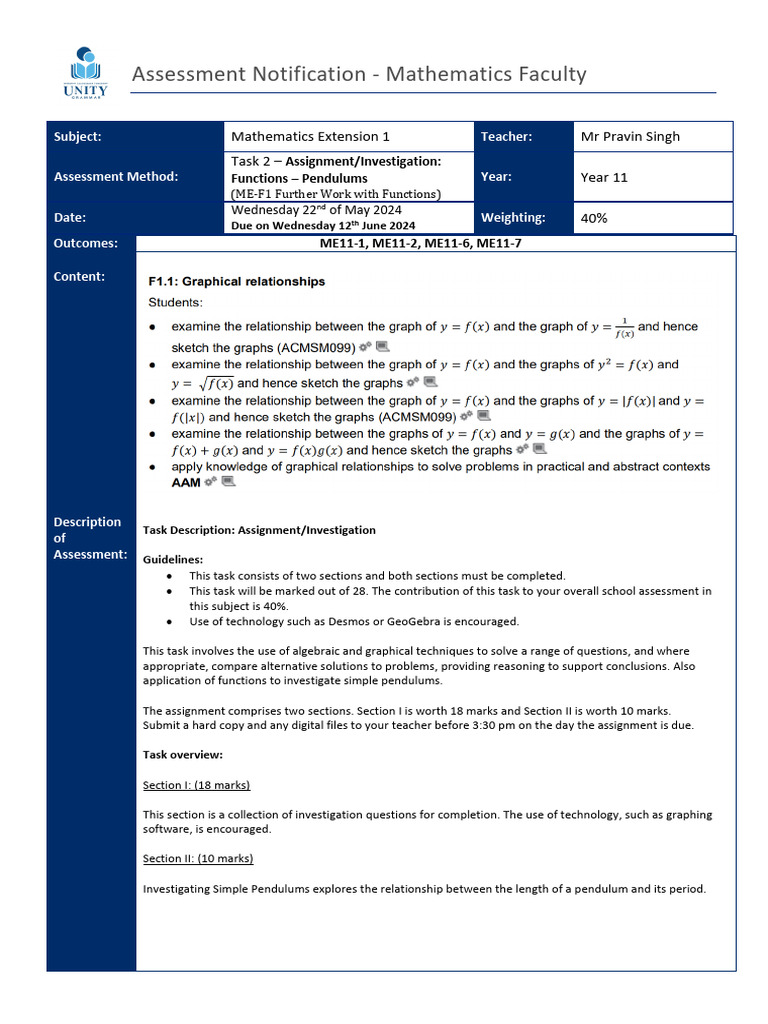 Task 2 - 11ME1 Assessment Notification 2024 | PDF | Pendulum | Gravity