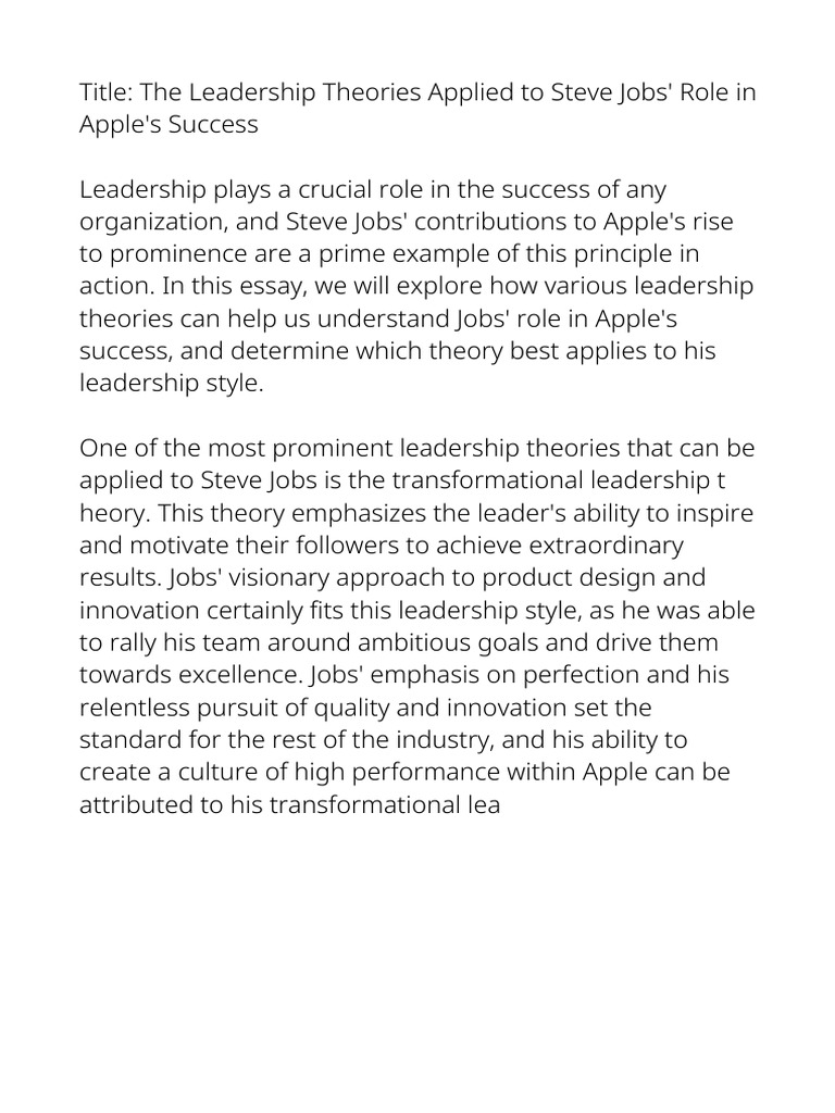 Leadership Theories in Steve Jobs' Success | PDF | Leadership | Control ...