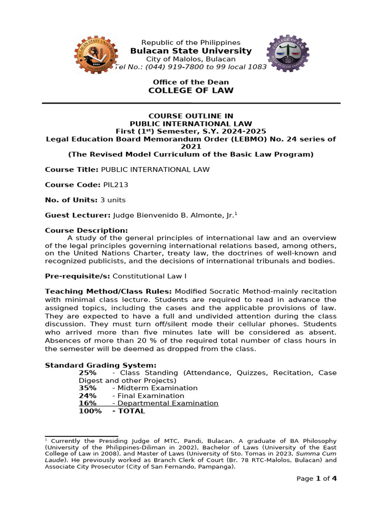 Public International Law Course Outline | PDF | International Law | Treaty